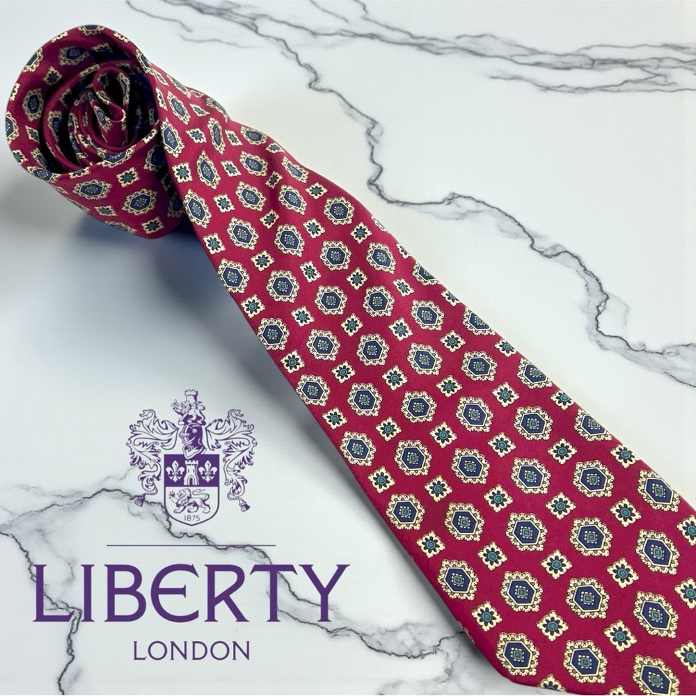 Liberty of London 100% Silk Tie Red Geometric Medallion Pattern British Designer